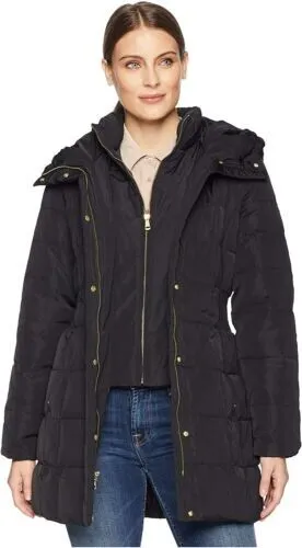 NWT Cole Haan Womens Taffeta Down Coat With Bib Jet Black Size Medium $350 F149