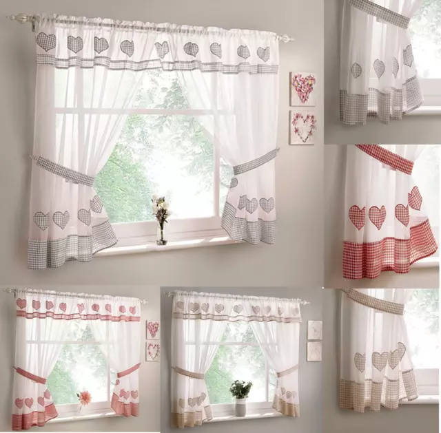 AMOUR Kitchen Window Sets With Love Hearts & Gingham Inc Tie Backs & Valance