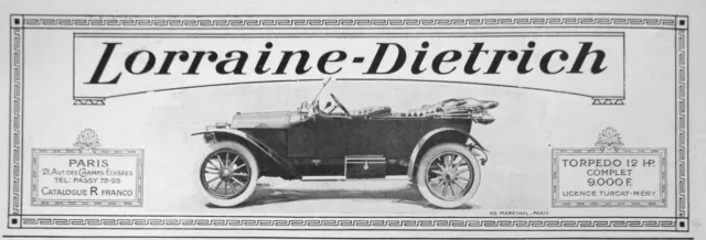 Publicité De Presse 1914 Automobiles Lorraine Dietrich Torpedo 12 Hp