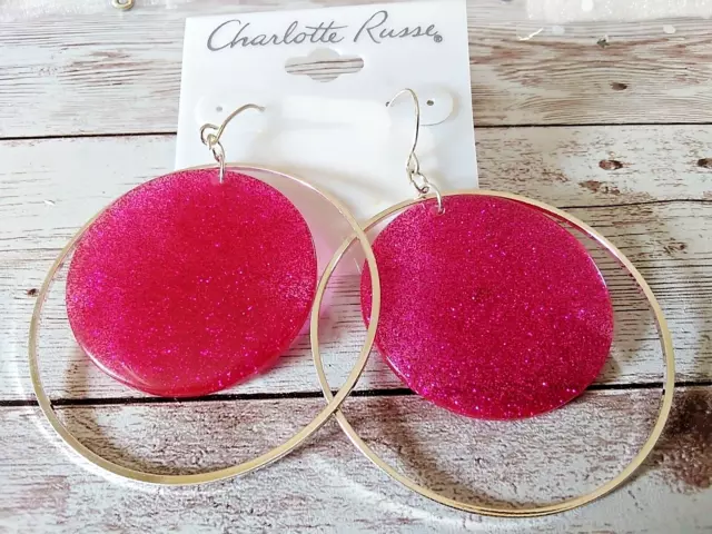 NWT XL Large Fuscia Pink Glitter Silver Tone Dangle Earrings By Charlotte Russe