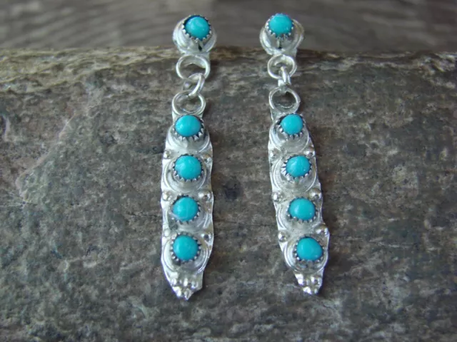 Zuni Indian Sterling Silver Turquoise Dangle Earrings by Naktewa 2