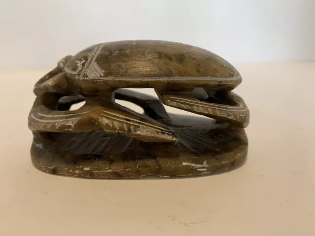 Egyptian Scarab Soapstone Paperweight with Hand Scribed Hieroglyphics 