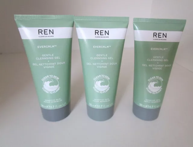 REN Clean Skincare Evercalm Gentle Cleansing Gel 3 X 50 ml tubes. New & Sealed .