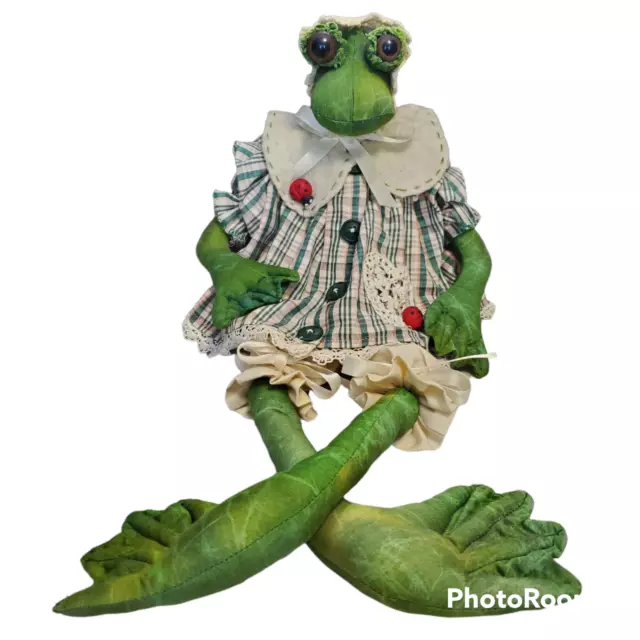 Hand Made Frog Shelf Sitter Doll Folk Art Stuffed Crocheted Lady Bug Details