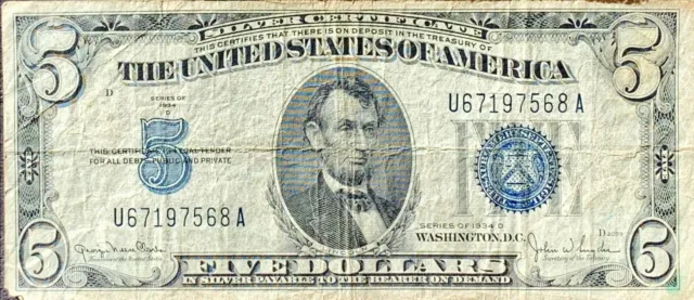 1934 D Series Five Dollar Silver Certificate Large Blue Seal Note Old $5 US Bill