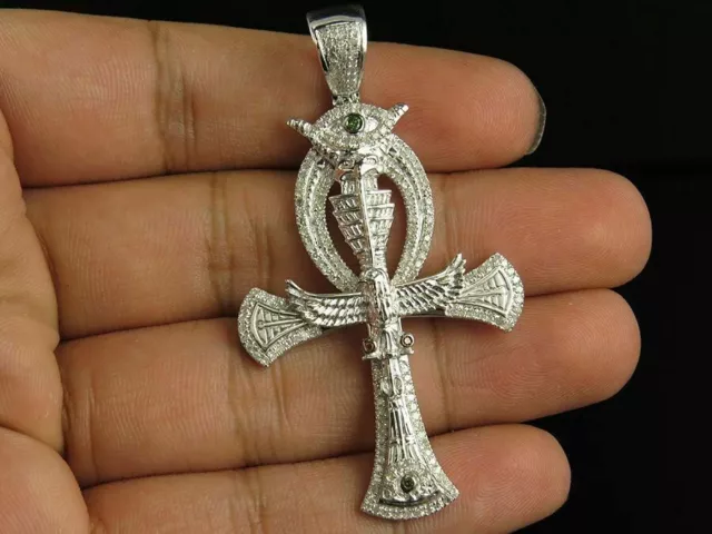 1.52Ct Real Moissanite Eagle Ankh Cross Pendant 14K White Gold Plated Silver