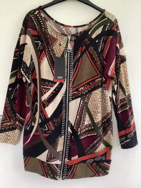 Ladies “ Klass”Jewel Zipped Abstract/Design Top.size S. Mixed Reds/Brown.new/Tag