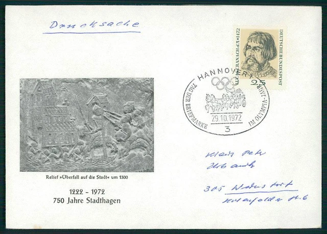 BRD BRIEF 1972 HANNOVER TAG DER MARKE STADTHAGEN OLYMPIA PFERDE-KUTSCHE ge50