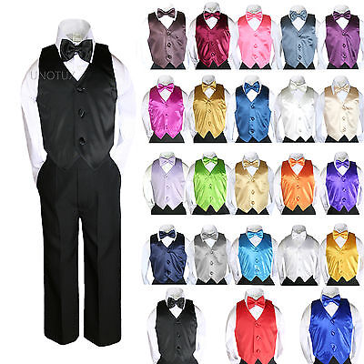 23 Color Satin 4 Piece Set Vest Bow Tie Boy Baby Toddler Formal Tuxedo Suit 8-20