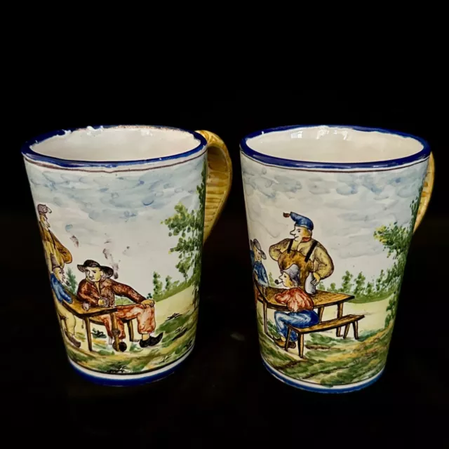 Rare PAIR OLD MONTAGNON MUGS Jacques Callot Style Nevers French Faience c1880 3