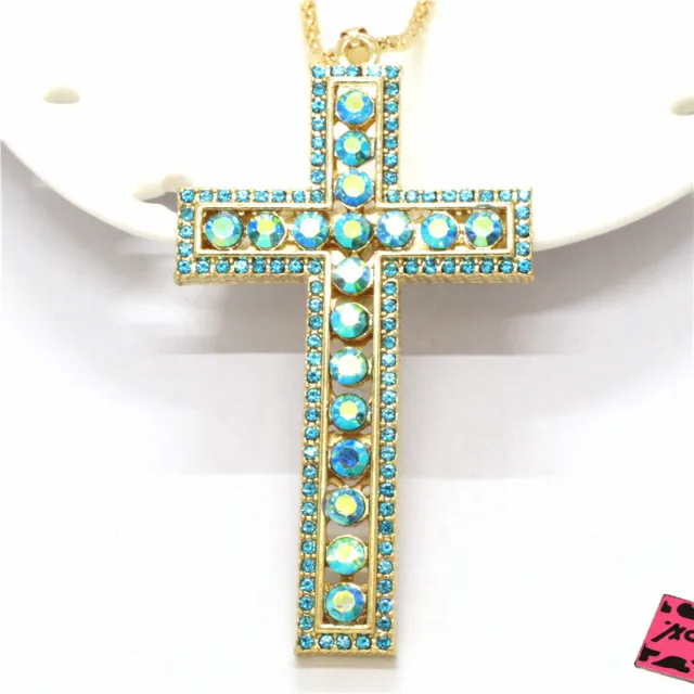 New Betsey Johnson AB Blue Prayer Cross Bling Crystal Pendant Chain Necklace