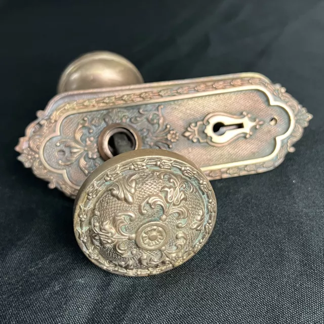 Antique Solid Brass Victorian Door Knobs & Keyhole Plates 1900’s Art Noveau