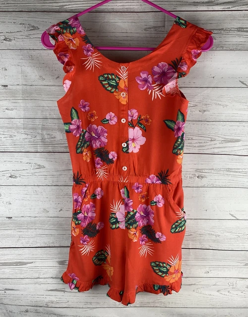 Wonder Nation Romper Girls Large 10/12 Red Hawaiian Floral Ruffle Straps Hems
