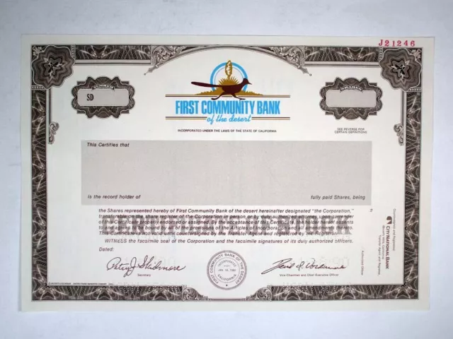 CA. First Community Bank of the Desert, 1990. Specimen Stock Cert., XF-AU