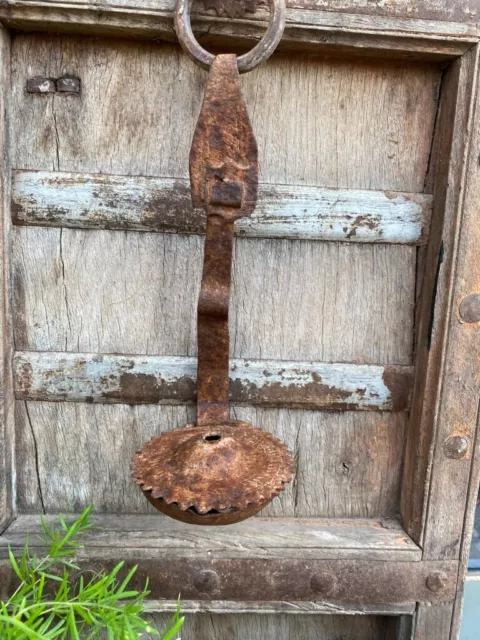 1700's Rare Antique Hand Forged Wrought Iron Betty Lamp Wall Hanging Oil Lamp