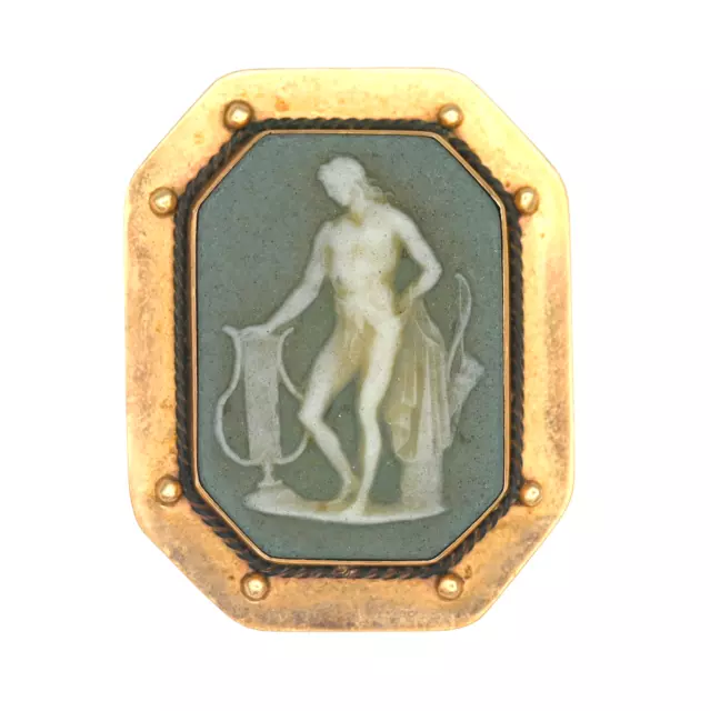 Vintage Wedgwood Green Cameo Roman God Pin Brooch 10K Yellow Gold Signed Vintage Wedgwood Green Cameo Roman God Pin Brooch 10K Yellow Gold Signed