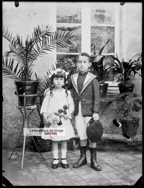 Plaque verre photo ancienne négatif noir et blanc 9x12 cm enfants vintage France