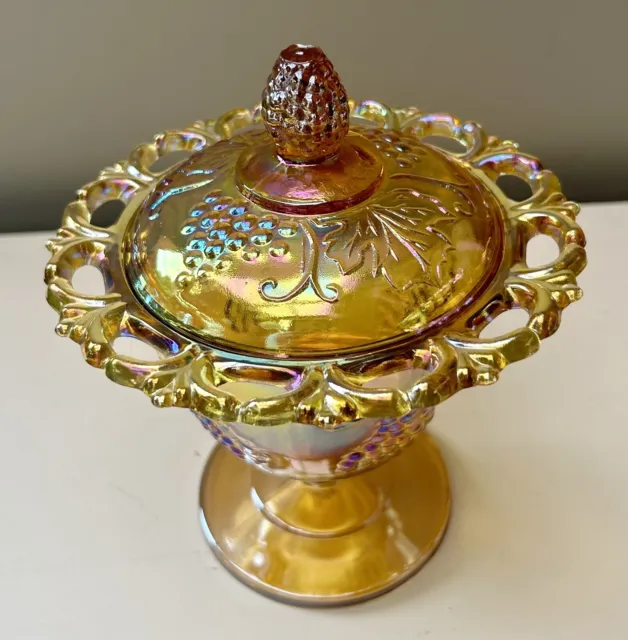 Vintage Indiana Glass ‘Harvest’ Marigold Carnival Glass Lidded Lolly Bowl