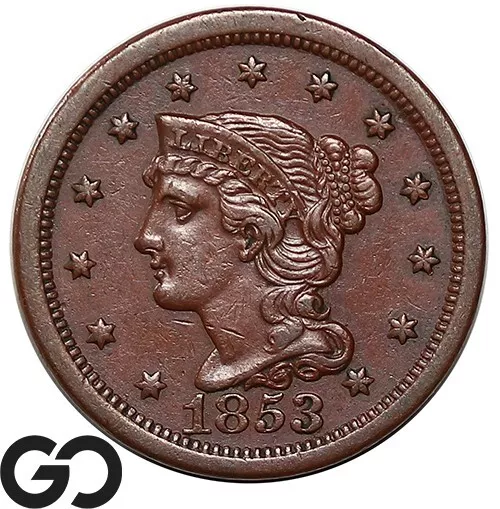 1853 Large Cent, Braided Hair, Nice Choice AU Early Date Copper