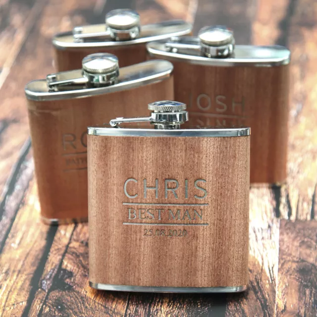 Personalised 6oz Wood/Steel Hip Flask Best Man Usher WOW !! Unique Gift