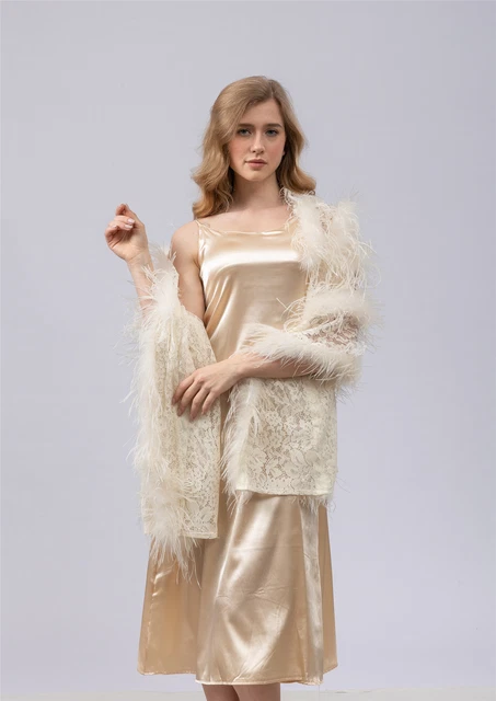 Women Lace Shawl with Real Ostrich Feather Trimming