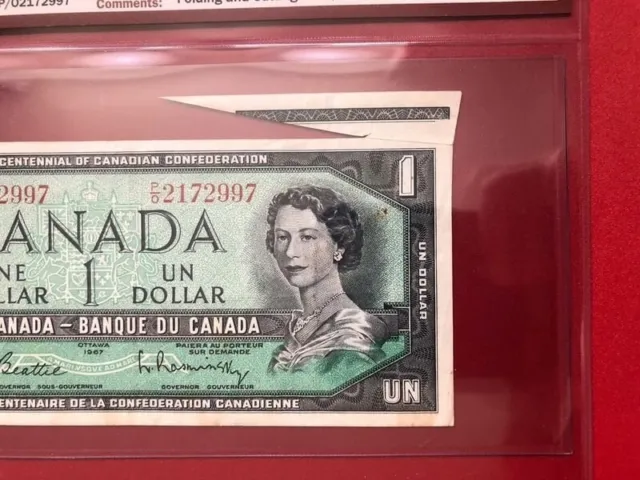1967 Bank Of Canada $1 BC-45b-E24-ii “FOLDING & CUTTING ERROR” Note: BCS VF-35