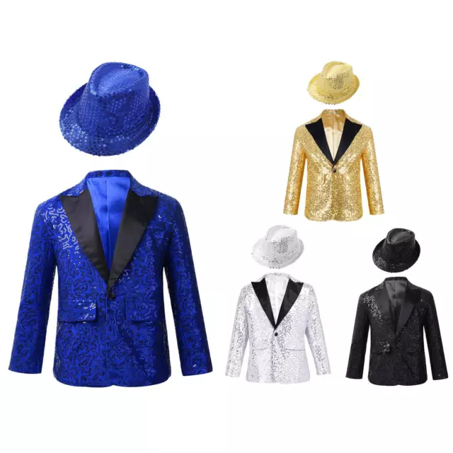 Boys Sparkle Tuxedo Jacket with Hat Set for Choir Jazz Dance Performance Costume