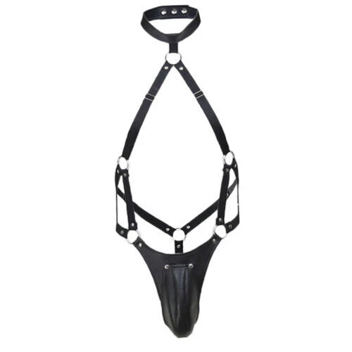 Leather Harness Belt Mankini T-back Costume Bodysuit Pouch