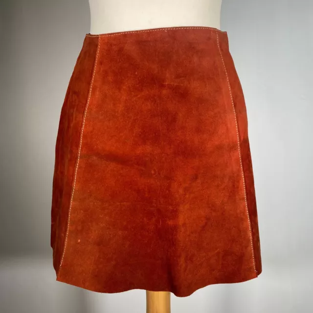Vintage 60's 70's Burnt Orange Suede Skirt Mini A-Line Zipped Hippy 25" 6 XS