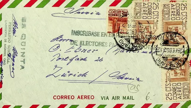MEXICO 1952 4v ON AIRMAIL COVER FROM QUERETARO TO ZURICH SWITZERLAND