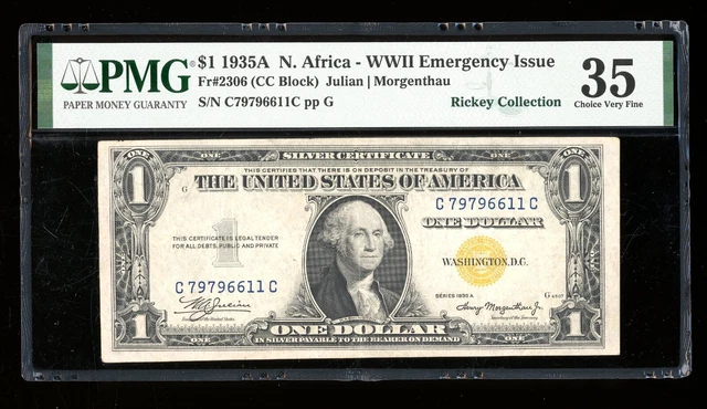 DBR 1935-A $1 North Africa Silver Fr. 2306 CC Block PMG 35 Serial C79796611C