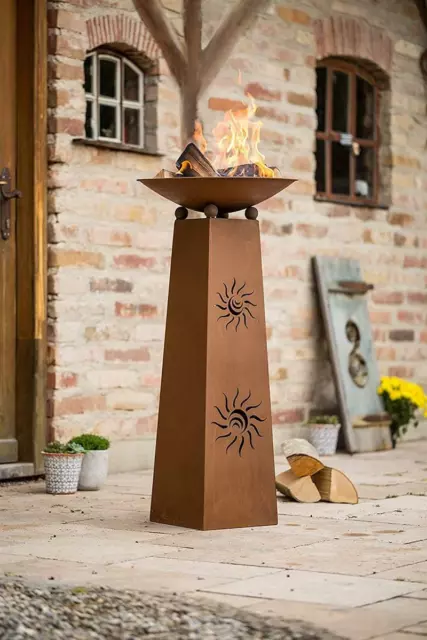 Deko Säule “Sonne” + Feuer Schale aus Metall in Rost Optik, Garten Korb Stelle