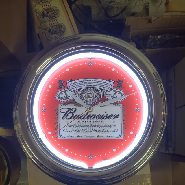 2007 Budweiser Label Beer Clock White Neon Vintage NIB