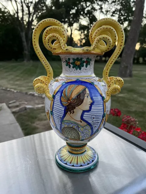 Antique Italian Deruta Majolica Sambuco Mario Portrait Snake Handle Urn Vase
