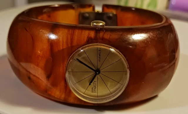 Running Wind Up Bakelite Swirl Bangle Watch Royal Dynasty 17 Jewel Hinged Clamp