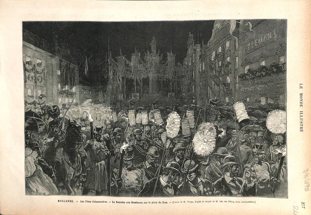 Pays-Bas Fêtes d'Amsterdam retraite aux Flambeau sur Place de Dam GRAVURE 1879