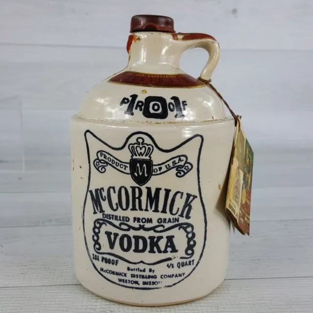 Vintage McCormick Vodka 4/5 Quart Crock Jug Bottled for Illinois w/ Booklet Tag
