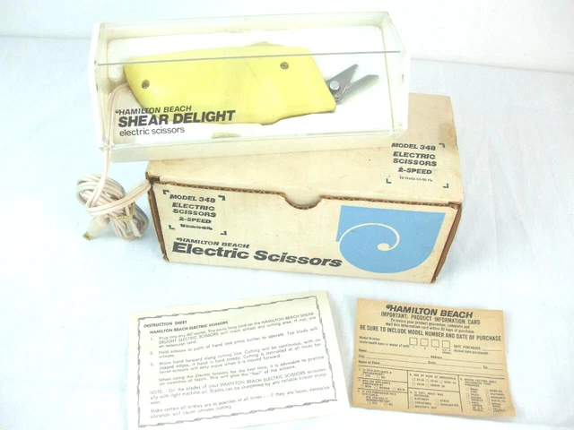 Tijeras amarillas eléctricas vintage Hamilton Beach Scovill de 2 velocidades 348 con caja