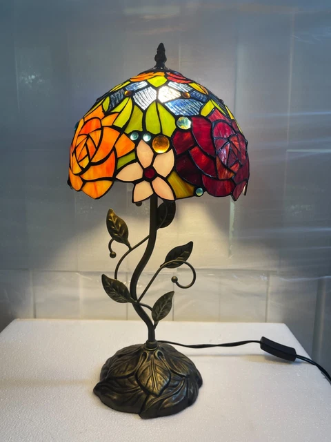 Enjoy Tiffany Style Table Lamp Rose Flowers Stained Glass Vintage 21”H