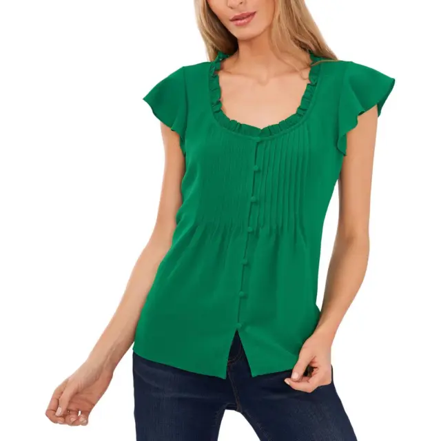 CeCe Womens Green Pintuck Flutter Sleeves Top Blouse Shirt M BHFO 4776