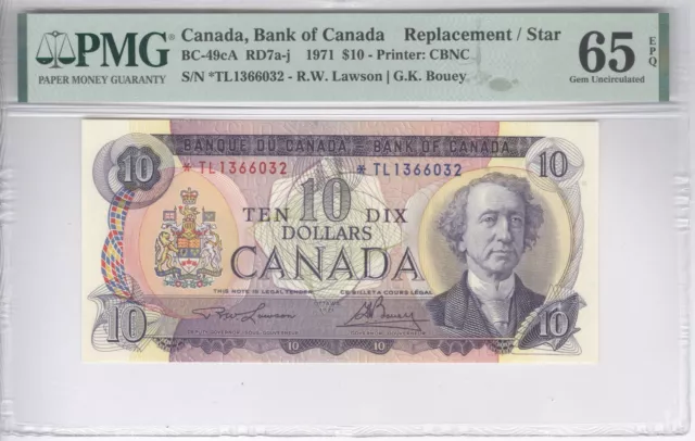 1971 $10 Bank of Canada Lawson Bouey *TL BC-49cA PMG GEM UNC 65 EPQ REPLACEMENT!