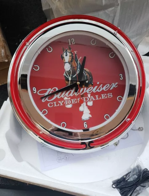 Retro Budweiser Clydesdale Red Neon Clock NIB