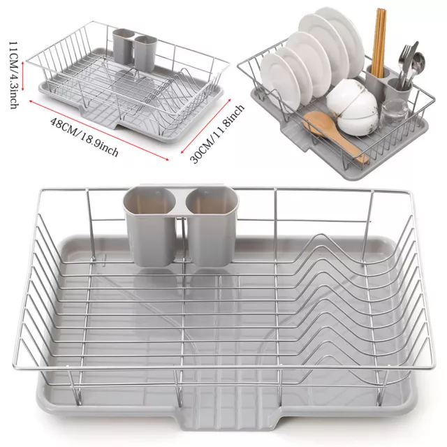 Large Kitchen Dish Drainer Rack With Drip Tray Cutlery Cup Plate Holder Grey UK