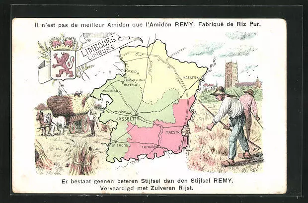 CPA Hasselt, geografische Karte von Limbourg avec armoiries, Bauern bei der Ern