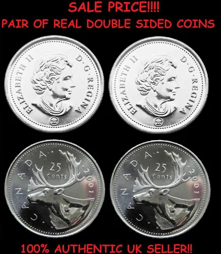 Pair of Real Double Sided Canadian Quarters 1 Two Headed and 1 Two Tailed Coin