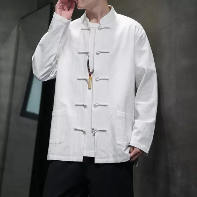 Men Chinese Tang Suit Top Cotton Linen Long Sleeve Shirt Kung Fu Tai Chi Casual