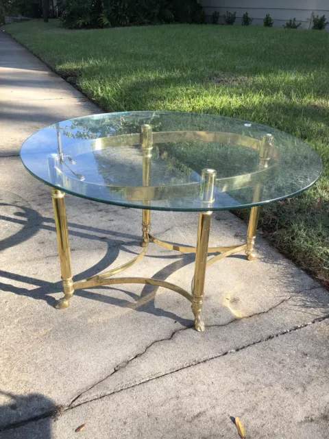 La Barge brass and glass coffee table hooved foot, Hollywood Regency Midcentury 