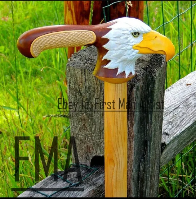 Bald Eagle Head Walking Stick Wooden Hand Carved Bird Walking Cane X_Mass Gift B