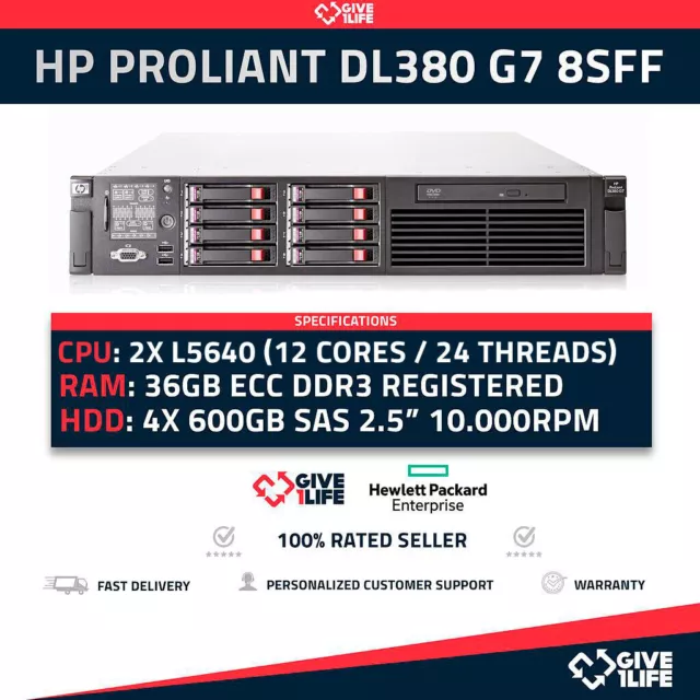 HP Proliant DL380 G7 8SFF + 2 x L5640 (12 cœurs/24 threads) + 36 Go de RAM...