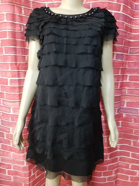 DKNY Silk Dress Ruffled Women's Sheath Shift  Beads Tiered Black Sz 6 # CB8